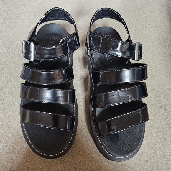 Portland Shoes - Portland Dolly Women Sz 6.5 black faux leather chunky strappy platform sandals